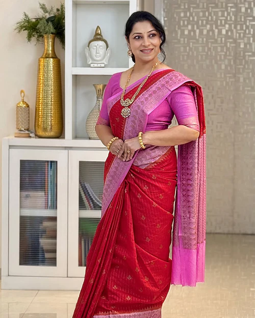 Kanchipuram Silk Saree Red with Lavender Border